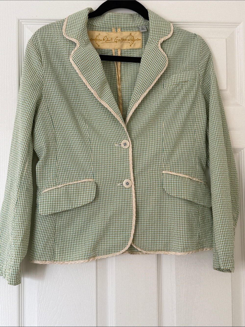 “Robert Graham Mint Gingham Blazer Jacket Preppy Coastal Cottage Chic”